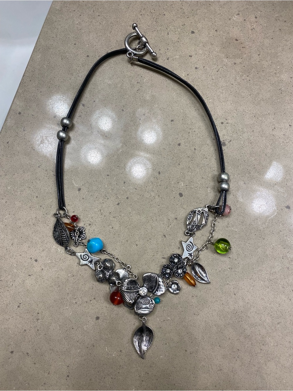 Boho Multi-Charm Silver Flower Necklace with Turquoise and Mixed Beads
